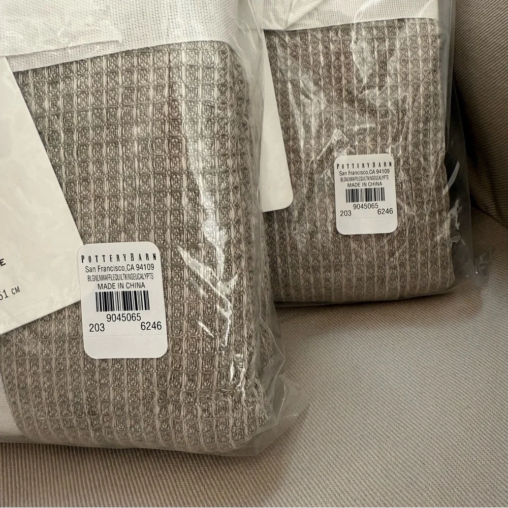 NWT set of 2 Pottery Barn Belgian Flax Linen Waffle Weave King Shams Eucalyptus